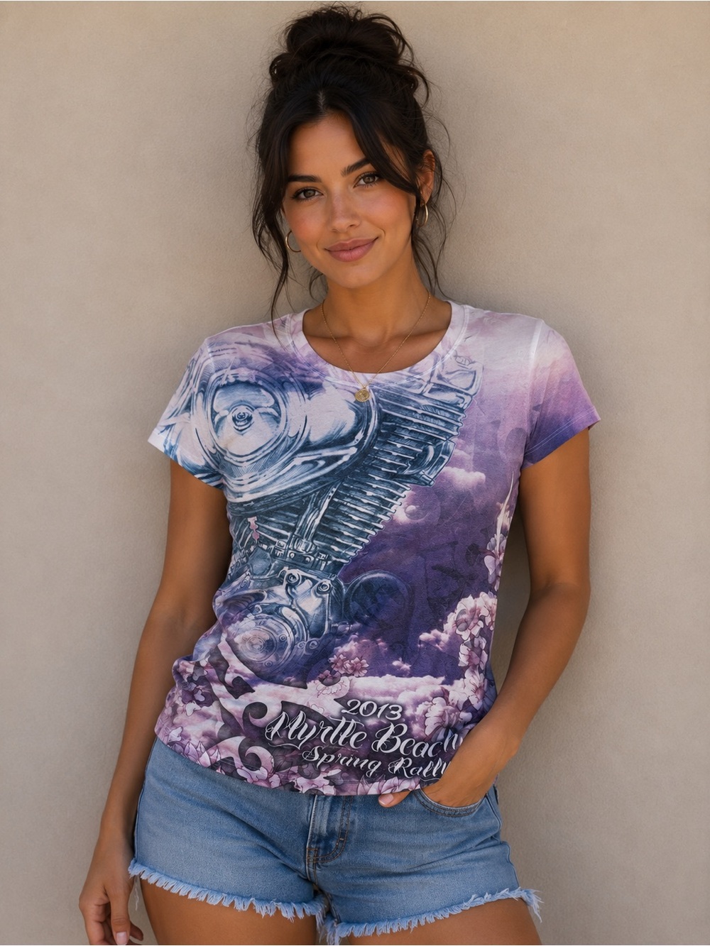 Next Level Apparel Purple Floral Motorcycle Graphic Tee